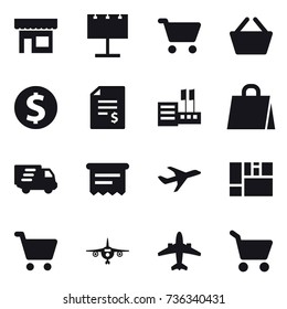 16 vector icon set : shop, billboard, cart, basket, dollar coin, account balance, store, shopping bag, delivery, atm receipt, plane, airplane