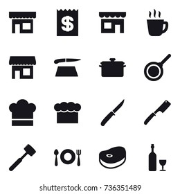 16 vector icon set : shop, receipt, hot drink, cutting board, pan, cook hat, chef  hat, knife, chef knife, meat hammer, wine