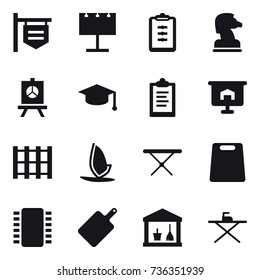 16 vector icon set : shop signboard, billboard, clipboard, chess horse, presentation, graduate hat, windsurfing, iron board, cutting board, utility room
