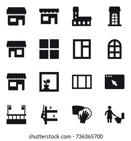 16 vector icon set : shop, mansion, building, window, arch window, flower in window, skyscapers cleaning, skyscrapers cleaning, wiping, toilet cleaning