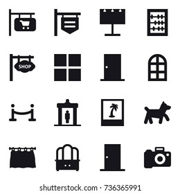 16 vector icon set : shop signboard, billboard, abacus, window, door, arch window, vip fence, detector, photo, dog, curtain, dresser