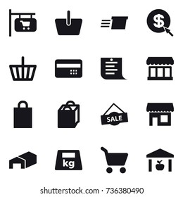 16 vector icon set : shop signboard, basket, delivery, dollar arrow, credit card, shopping list, market, shopping bag, sale, shop, warehouse, cart