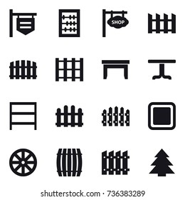 16 vector icon set : shop signboard, abacus, fence, table, rack, cutting board, wheel, barrel, spruce