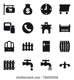 16 vector icon set : shop signboard, money bag, clock, delivery, scales weight, phone, arch, gothic architecture, dresser, fence, barrel, water tap, hard reach place cleaning