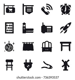 16 vector icon set : shop signboard, call, alarm clock, abacus, church, disco ball, curtain, dresser, stool, chair, walnut crack, windmill