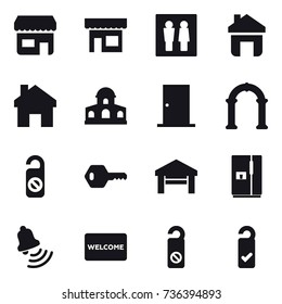 16 vector icon set : shop, wc, home, mansion, door, arch, do not distrub, key, garage, fridge, bell, welcome mat, please clean