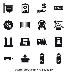 16 vector icon set : shop signboard, report, investment, sale, percent, barcode, medal, train, identity card, trailer, package, do not distrub, please clean