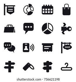 16 vector icon set : shop signboard, circle diagram, calendar, shopping bag, message, diagram, satellite, discussion, pass card, atm receipt, singlepost, signpost, hanger