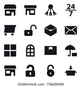16 vector icon set : shop, share, 24/7, delivery, unlock, box, mail, window, arch window, unlocked, package