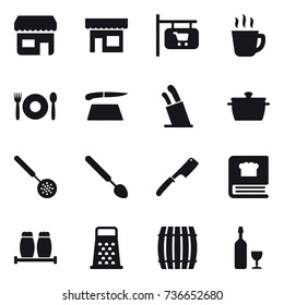 16 vector icon set : shop, shop signboard, hot drink, cafe, cutting board, stands for knives, pan, skimmer, big spoon, chef knife, barrel, wine