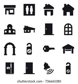 16 vector icon set : shop, wc, home, mansion, house with garage, door, arch window, arch, do not distrub, key, garage, fridge, bell