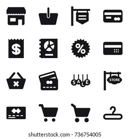 16 vector icon set : shop, basket, shop signboard, card, receipt, annual report, percent, credit card, delete cart, sale, store signboard, cart, hanger