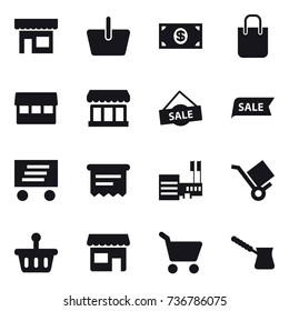 16 vector icon set : shop, basket, money, shopping bag, market, sale, delivery, atm receipt, mall, cart, turk