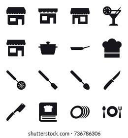 16 vector icon set : shop, cocktail, pan, cook hat, skimmer, spatula, big spoon, knife, chef knife