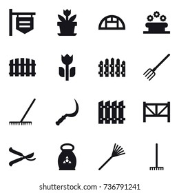16 vector icon set : shop signboard, flower, greenhouse, flower bed, fence, fork, rake, sickle, farm fence, pruner, fertilizer
