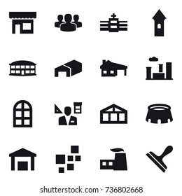 16 vector icon set : shop, group, tower, airport building, warehouse, house with garage, city, arch window, architector, greenhouse, stadium, scraper