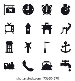 16 vector icon set : shop signboard, clock, alarm clock, stopwatch, tv, tower, arch, greate wall, building, windmill, outdoor light, train, kettle, water tap