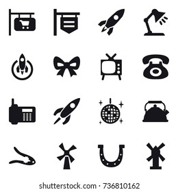 16 vector icon set : shop signboard, rocket, table lamp, bow, tv, disco ball, kettle, walnut crack, windmill, horseshoe