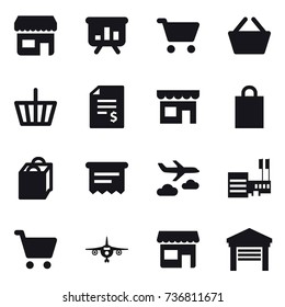 16 vector icon set : shop, presentation, cart, basket, account balance, shopping bag, atm receipt, journey, mall, plane, garage
