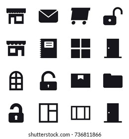 16 vector icon set : shop, mail, delivery, unlock, copybook, window, door, arch window, unlocked