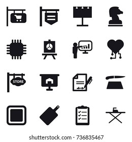 16 vector icon set : shop signboard, billboard, chess horse, chip, presentation, cardio chip, store signboard, cutting board, clipboard list, iron board