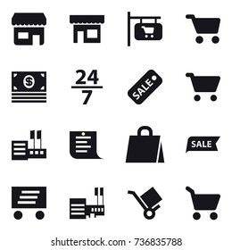 16 vector icon set : shop, shop signboard, cart, money, 24/7, sale, store, shopping list, shopping bag, delivery, mall