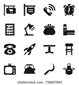 16 vector icon set : shop signboard, call, alarm clock, abacus, table lamp, purse, church, table, chair, tv, kettle, sickle, apron