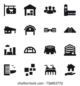 16 vector icon set : shop signboard, warehouse, group, church, house with garage, barn, school, pyramid, city, greenhouse, stadium, hotel, housing