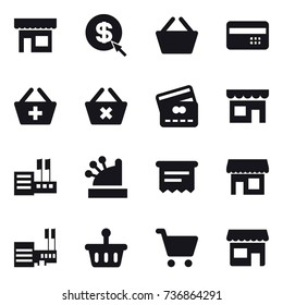 16 vector icon set : shop, dollar arrow, basket, credit card, add to basket, delete cart, store, cashbox, atm receipt, mall