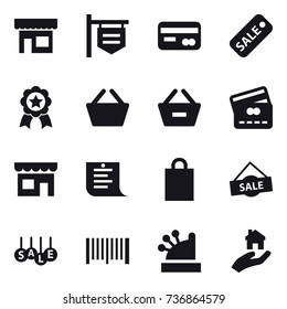 16 vector icon set : shop, shop signboard, card, sale, medal, basket, remove from basket, credit card, shopping list, shopping bag, barcode, cashbox, real estate