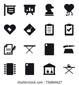 16 vector icon set : shop signboard, presentation, chess horse, cardio chip, under construction, iron board, cutting board, utility room