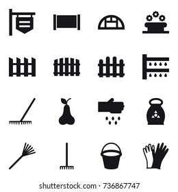 16 vector icon set : shop signboard, fence, greenhouse, flower bed, watering, rake, pear, sow, fertilizer, bucket, gloves
