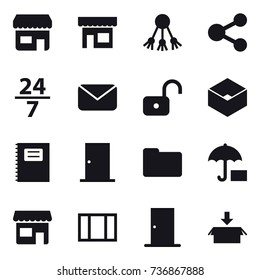 16 vector icon set : shop, share, 24/7, mail, unlock, box, copybook, door, window, package