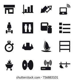 16 vector icon set : shop, graph, up down arrow, notebook wireless, hoverboard, wc, scales weight, list, stopwatch, building helmet, windsurfing, rack, bbq, plow