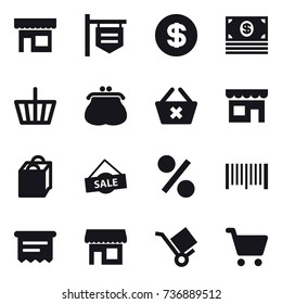 16 vector icon set : shop, shop signboard, dollar, money, basket, purse, delete cart, shopping bag, sale, percent, barcode, atm receipt