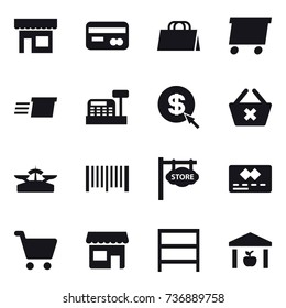 16 vector icon set : shop, card, shopping bag, delivery, cashbox, dollar arrow, delete cart, scales, barcode, store signboard, rack, warehouse