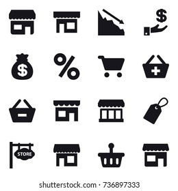 16 vector icon set : shop, crisis, investment, money bag, percent, cart, add to basket, remove from basket, market, label, store signboard