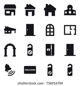 16 vector icon set : shop, home, mansion, house with garage, door, arch window, plan, arch, do not distrub, fridge, bell, welcome mat, please clean