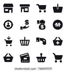 16 vector icon set : shop, cart, basket, target audience, investment, money gift, crypto currency, add to cart, hand coin, add to basket, remove from basket, credit card