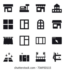 16 vector icon set : shop, cashbox, cottage, window, arch window, curtain, clean floor, clean  window, skyscapers cleaning, skyscrapers cleaning