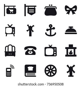 16 vector icon set : shop signboard, purse, bow, tv, windmill, service bell, dresser, phone, fireplace, wheel