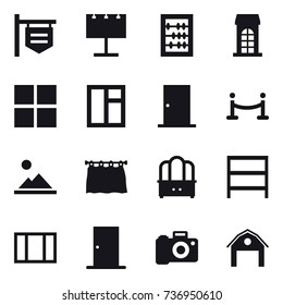 16 vector icon set : shop signboard, billboard, abacus, building, window, door, vip fence, landscape, curtain, dresser, rack, barn