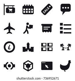 16 vector icon set : shop signboard, calendar, sale, message, plane, courier, atm receipt, list, info, castle, panel house, palm hammock, chicken