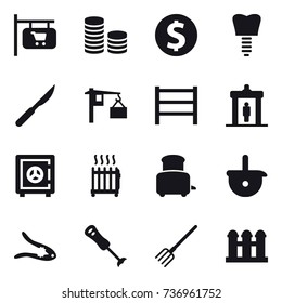 16 vector icon set : shop signboard, coin stack, dollar coin, detector, safe, radiator, toaster, walnut crack, fork, grain elevator