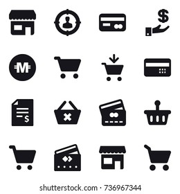 16 vector icon set : shop, target audience, card, investment, crypto currency, cart, add to cart, credit card, account balance, delete cart