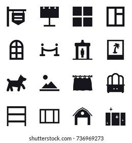 16 vector icon set : shop signboard, billboard, window, arch window, vip fence, detector, photo, dog, landscape, curtain, dresser, rack, barn, clean  window