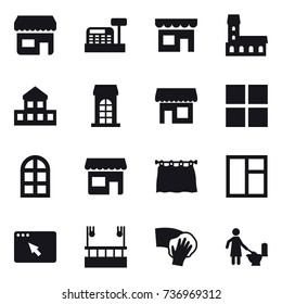 16 vector icon set : shop, cashbox, mansion, cottage, building, window, arch window, curtain, skyscapers cleaning, wiping, toilet cleaning