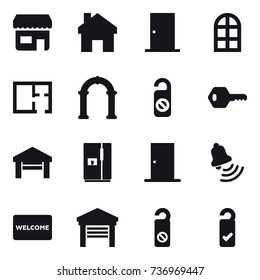 16 vector icon set : shop, home, door, arch window, plan, arch, do not distrub, key, garage, fridge, bell, welcome mat, please clean