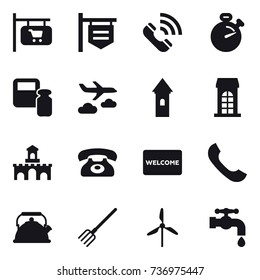 16 vector icon set : shop signboard, call, stopwatch, scales weight, journey, tower, building, fort, phone, welcome mat, kettle, fork, windmill, water tap
