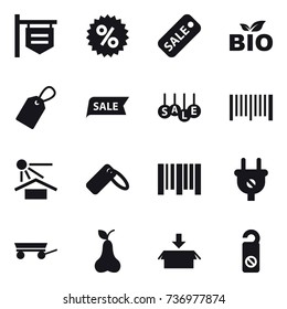 16 vector icon set : shop signboard, percent, sale, bio, label, barcode, trailer, pear, package, do not distrub
